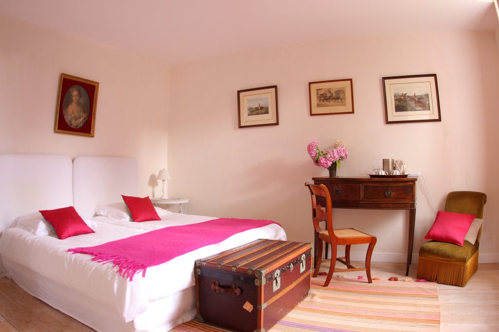 Rose bedroom at Château de Flottemanville, view from the bed