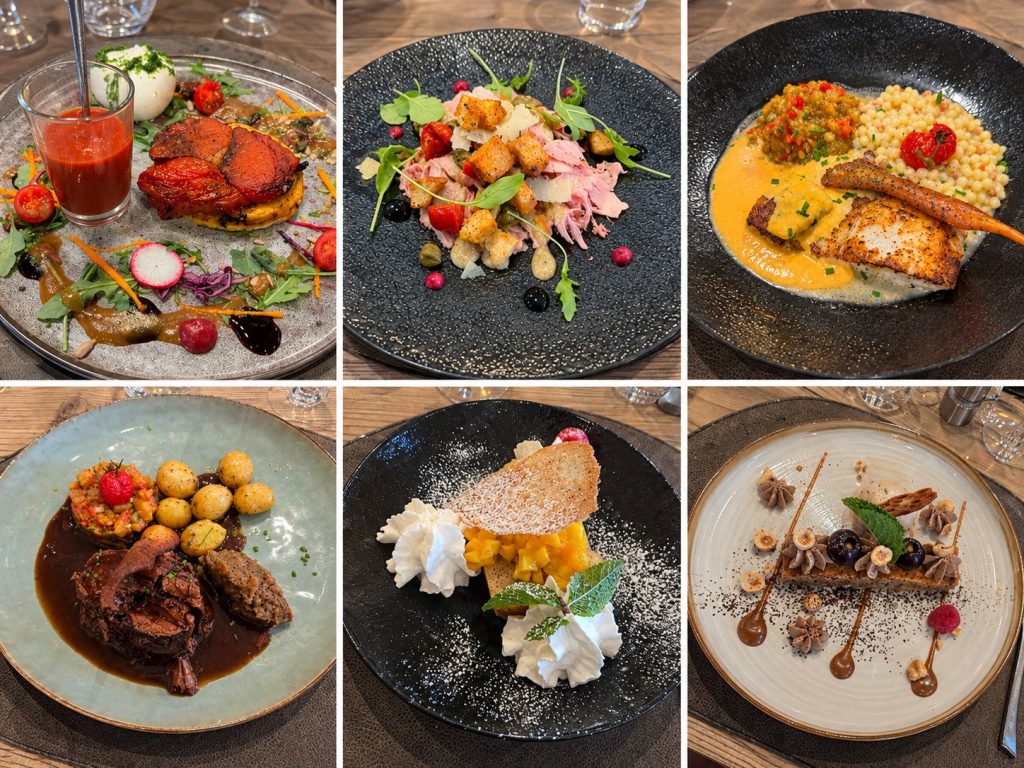Six dishes from La Table d'Henry restaurant, Normandy: starters, fish, meat and desserts