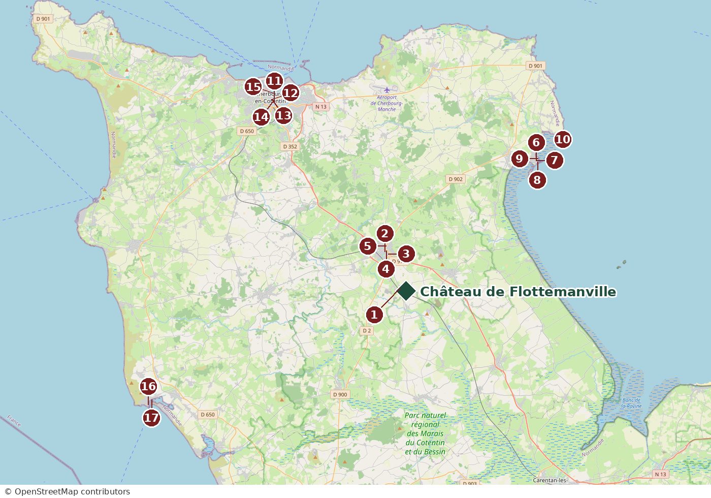 Les dix-sept adresses et le château. Les numéros renvoient à la liste ci-dessous. Carte © contributeurs OpenStreetMap.